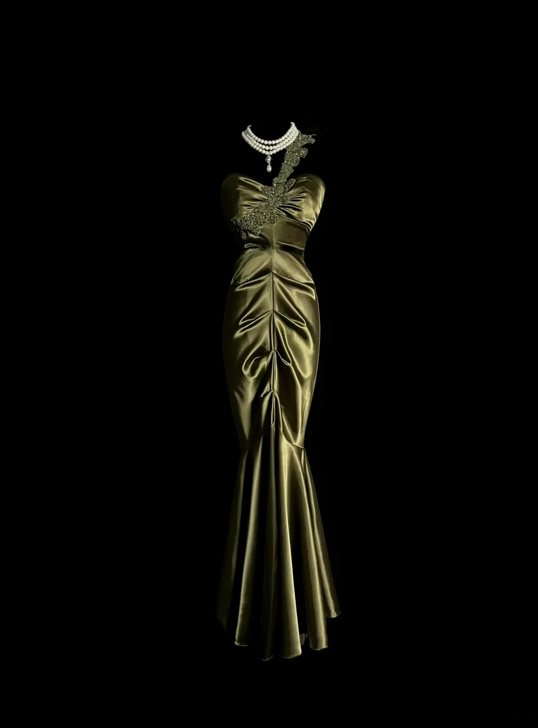 Applique Strap Green Satin Prom Dress Formal Party Evening Dress  P106