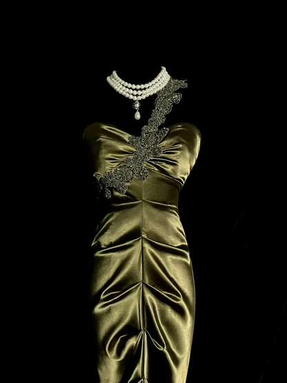 Applique Strap Green Satin Prom Dress Formal Party Evening Dress  P106