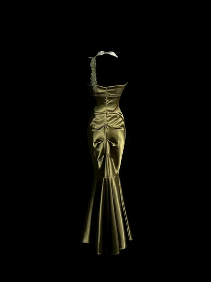 Applique Strap Green Satin Prom Dress Formal Party Evening Dress  P106