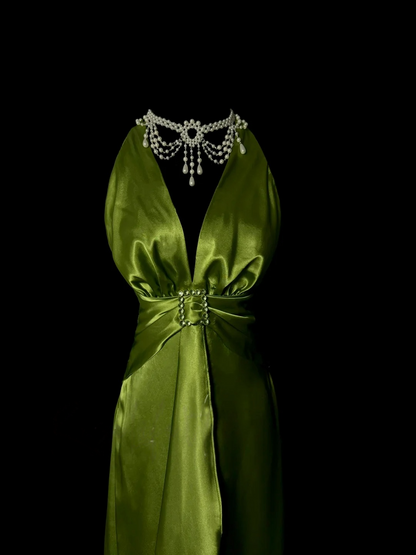 V Neck Green Satin Prom Dress Ruffle Evening Dress  P116