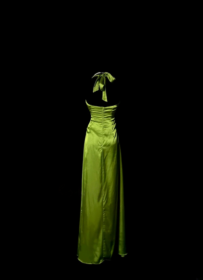 V Neck Green Satin Prom Dress Ruffle Evening Dress  P116