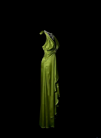 V Neck Green Satin Prom Dress Ruffle Evening Dress  P116