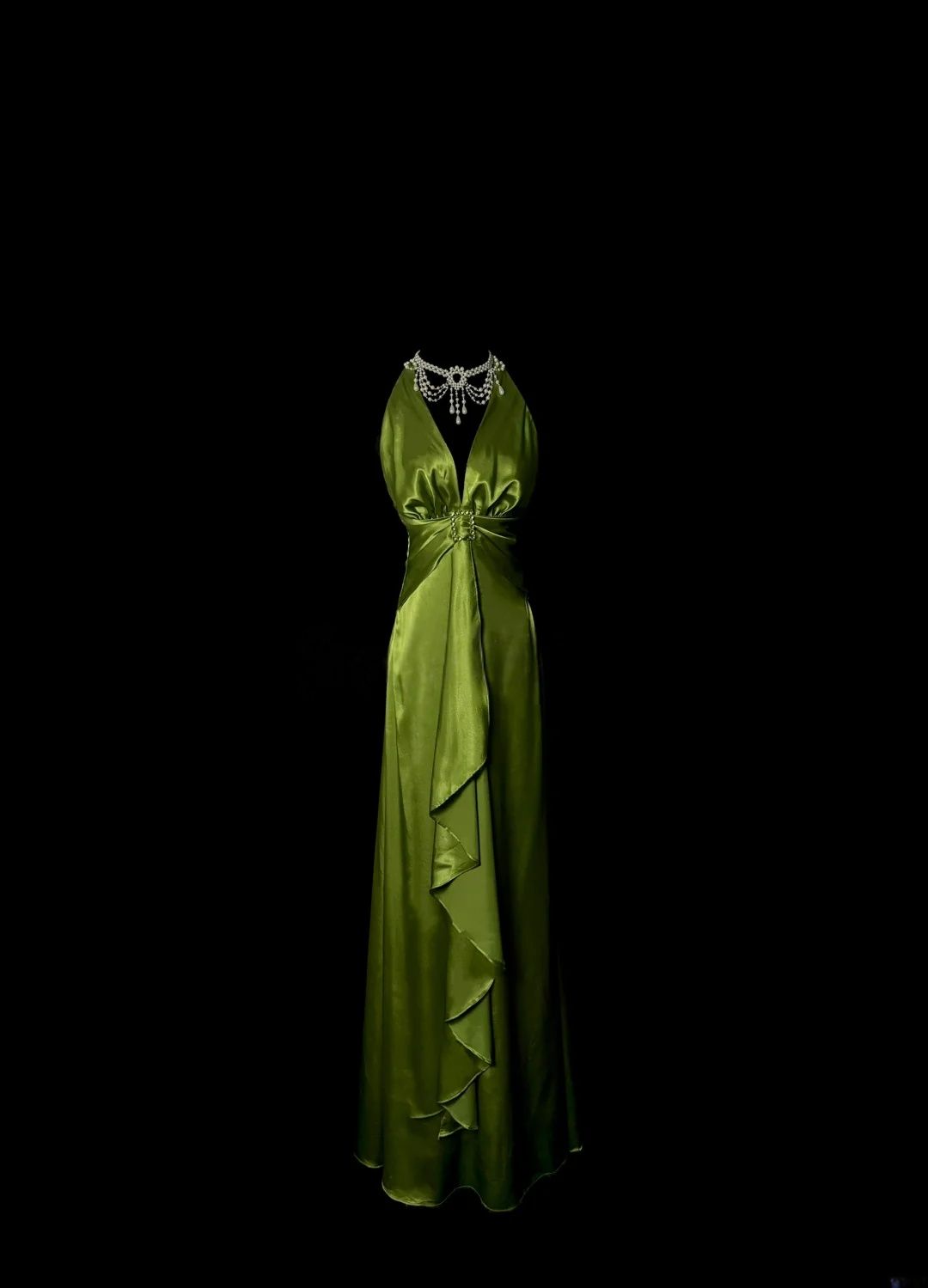 V Neck Green Satin Prom Dress Ruffle Evening Dress  P116