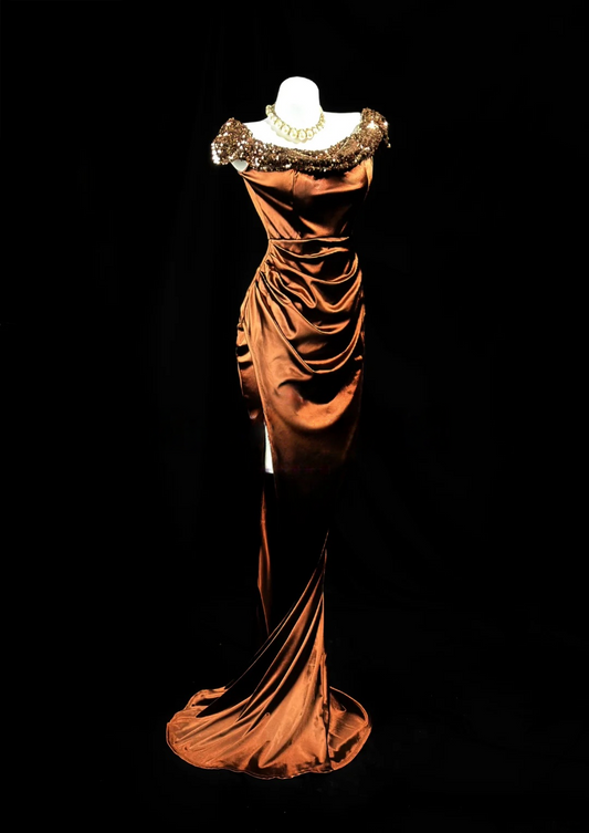 Sheath Brown Satin Prom Dress Sexy Evening Dress  P118