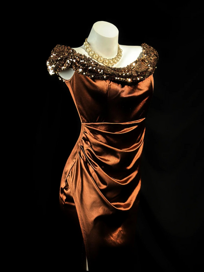 Sheath Brown Satin Prom Dress Sexy Evening Dress  P118