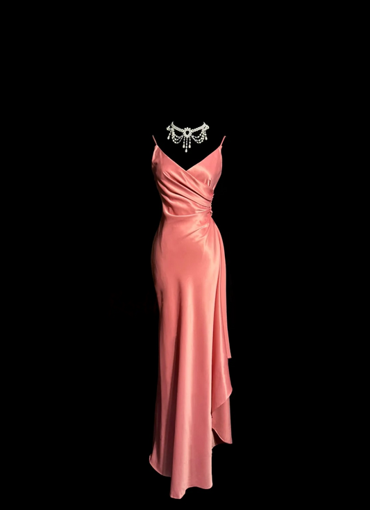 V Neck Sheath Satin Prom Dress Evening Dress Formal Wedding Guest Dress  P122
