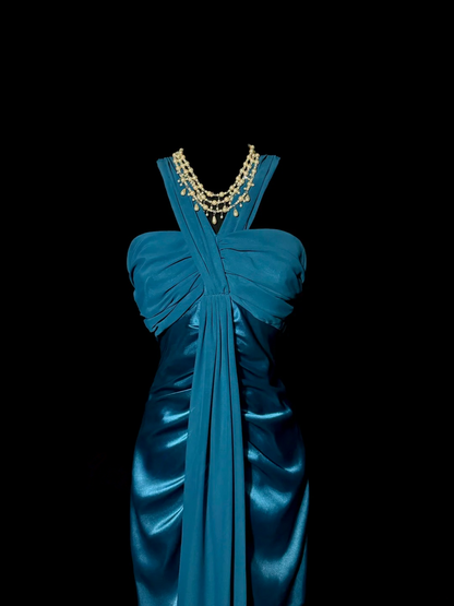 Sheath Satin Blue Prom Dress Evening Dress Formal Party Dress  P124