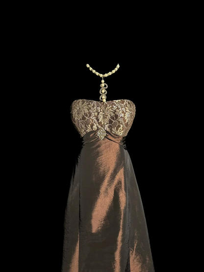 Lace Strapless A Line Satin Prom Dress Evening Dress Formal Party Dress  P125