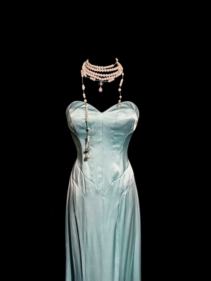 Sweetheart Blue Satin A Line Prom Dress Evening Dress  P128