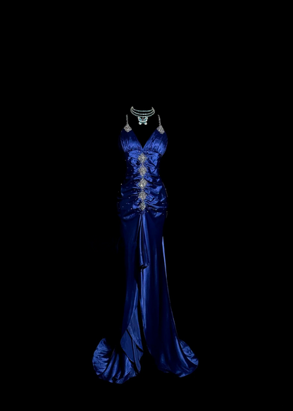 V Neck Royal Blue Sheath Evening Dress Beaded Ruffle Prom Dress  P130