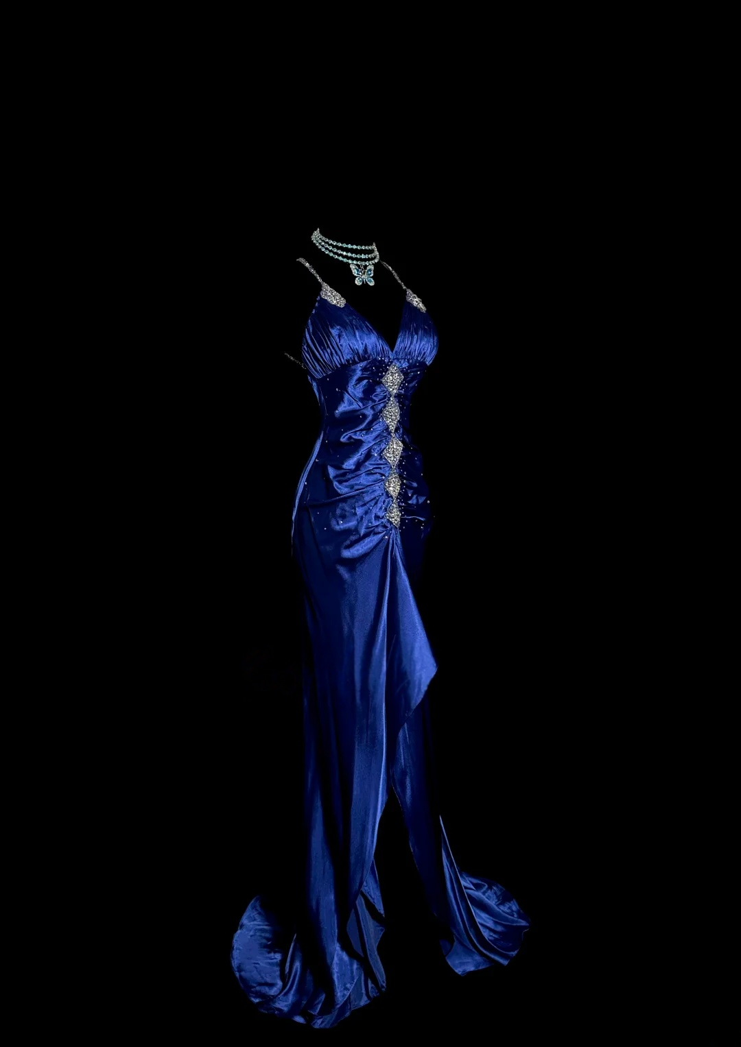 V Neck Royal Blue Sheath Evening Dress Beaded Ruffle Prom Dress  P130