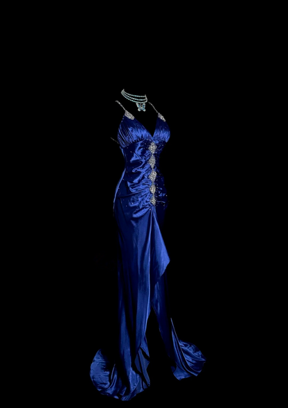 V Neck Royal Blue Sheath Evening Dress Beaded Ruffle Prom Dress  P130