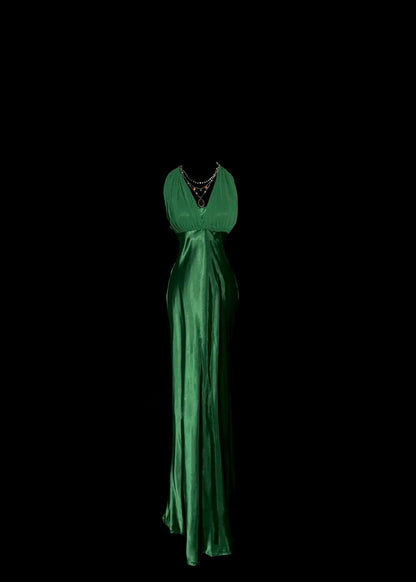Halter Green Satin Sheath Evening Dress Ruffle Prom Dress  P132