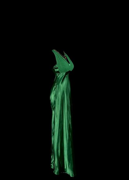 Halter Green Satin Sheath Evening Dress Ruffle Prom Dress  P132