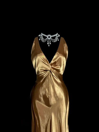 Backless Gold Mermaid Prom Dress Satin V Neck Evening Dress  P134