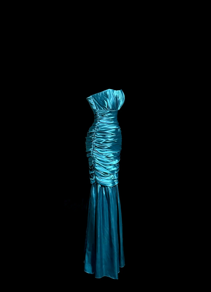 Strapless Blue Satin Prom Dress Pleated Evening Dress  P138