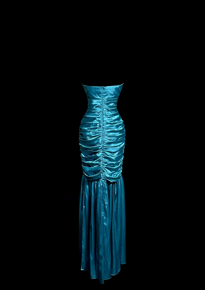 Strapless Blue Satin Prom Dress Pleated Evening Dress  P138