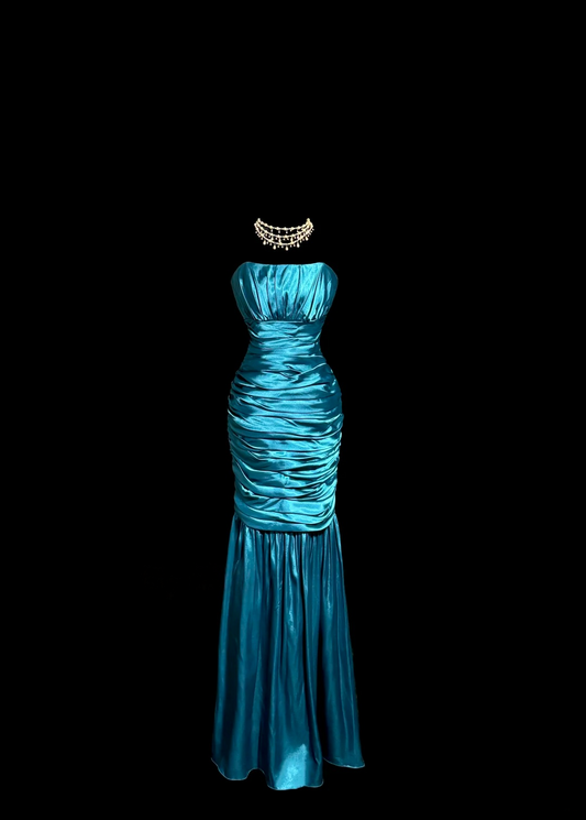 Strapless Blue Satin Prom Dress Pleated Evening Dress  P138