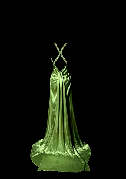Backless Green Satin Prom Dress Beaded Straps Evening Dress  P139
