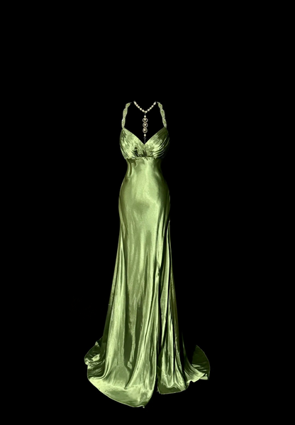 Backless Green Satin Prom Dress Beaded Straps Evening Dress  P139
