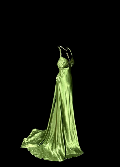 Backless Green Satin Prom Dress Beaded Straps Evening Dress  P139
