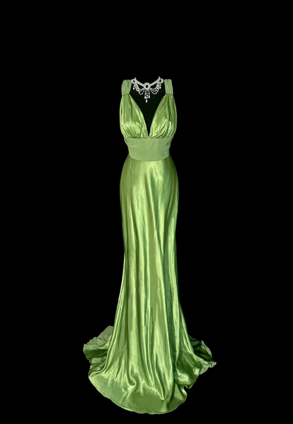 V Neck Green Satin Mermaid Prom Dress Backless Evening Dress  P140