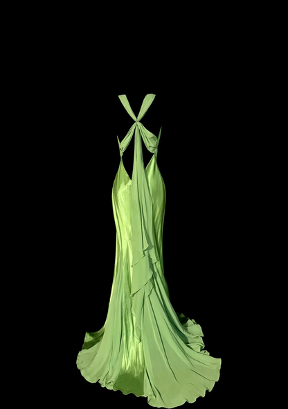 V Neck Green Satin Mermaid Prom Dress Backless Evening Dress  P140