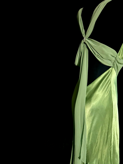 V Neck Green Satin Mermaid Prom Dress Backless Evening Dress  P140