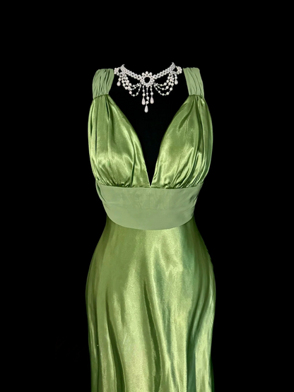 V Neck Green Satin Mermaid Prom Dress Backless Evening Dress  P140