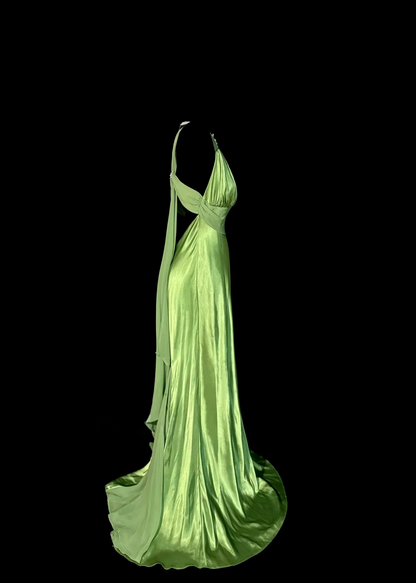 V Neck Green Satin Mermaid Prom Dress Backless Evening Dress  P140
