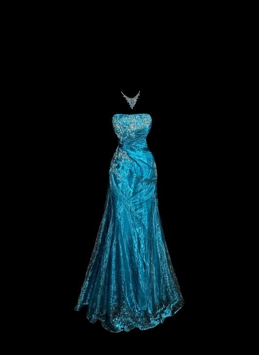 Strapless Blue Mermaid Prom Dress Organza Applique Evening Dress  P142