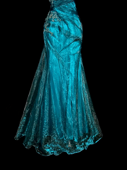 Strapless Blue Mermaid Prom Dress Organza Applique Evening Dress  P142