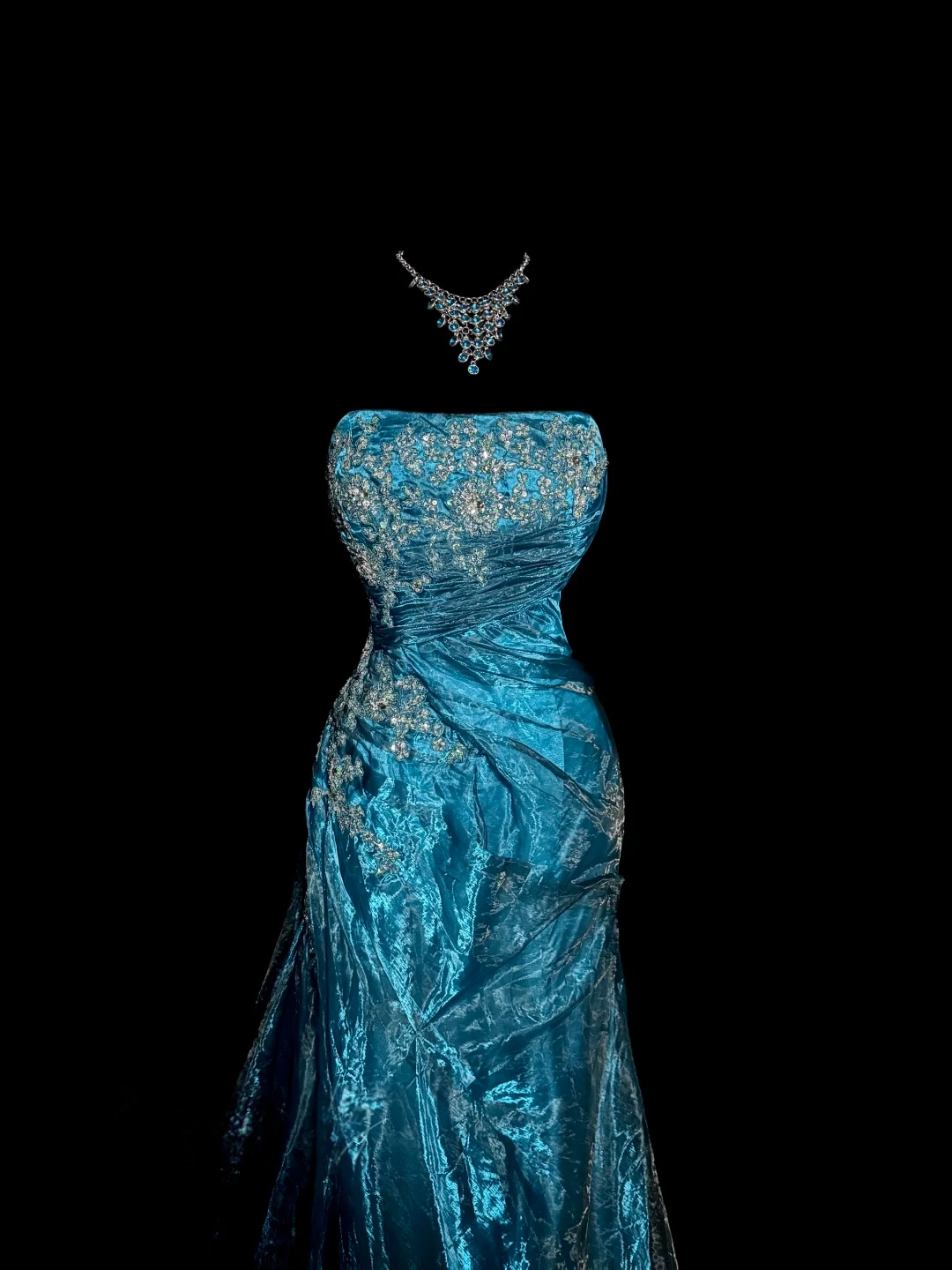 Strapless Blue Mermaid Prom Dress Organza Applique Evening Dress  P142