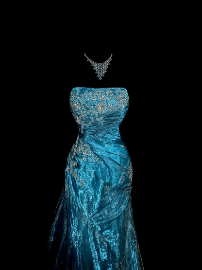 Strapless Blue Mermaid Prom Dress Organza Applique Evening Dress  P142