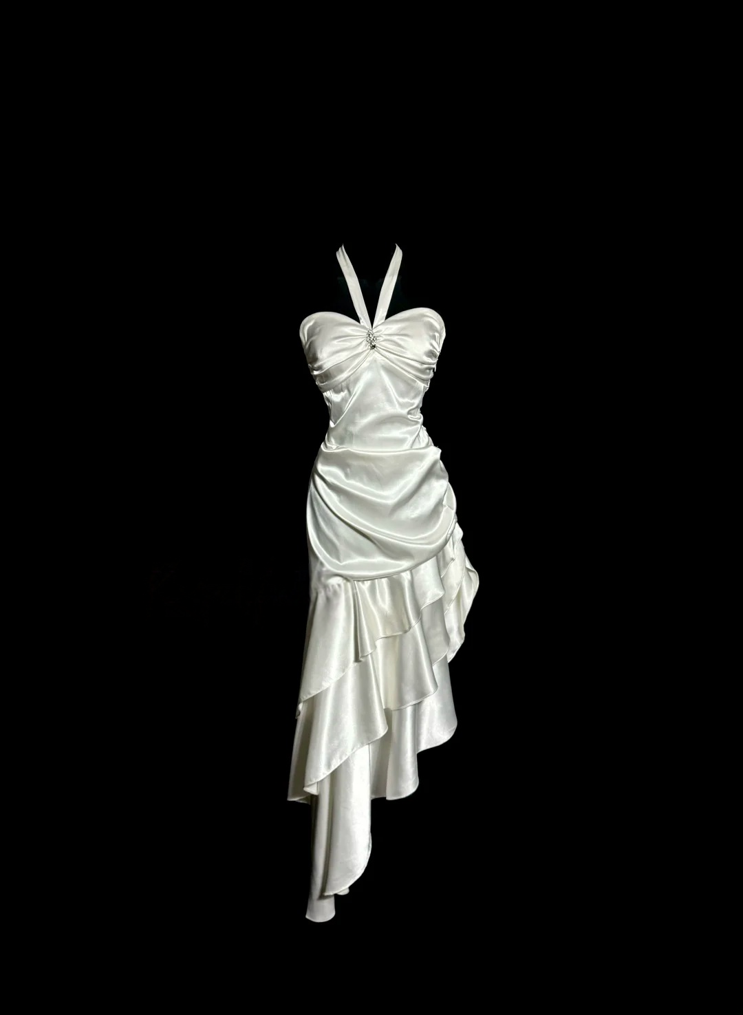 Halter Ivory Satin Prom Dress Ruffle Layered Formal Party Dress  P145