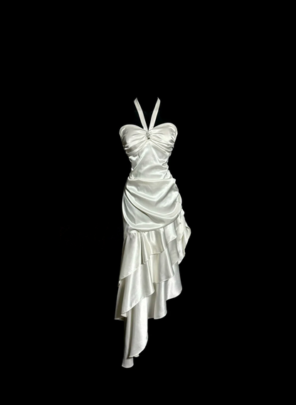 Halter Ivory Satin Prom Dress Ruffle Layered Formal Party Dress  P145