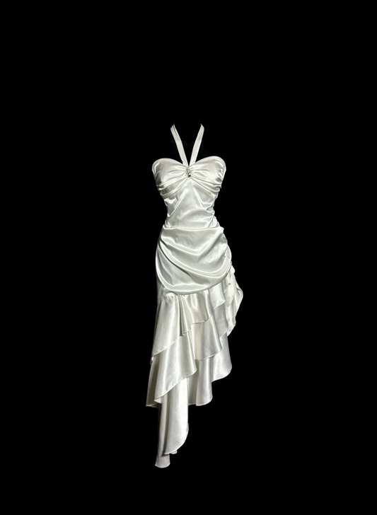 Halter Ivory Satin Prom Dress Ruffle Layered Formal Party Dress  P145
