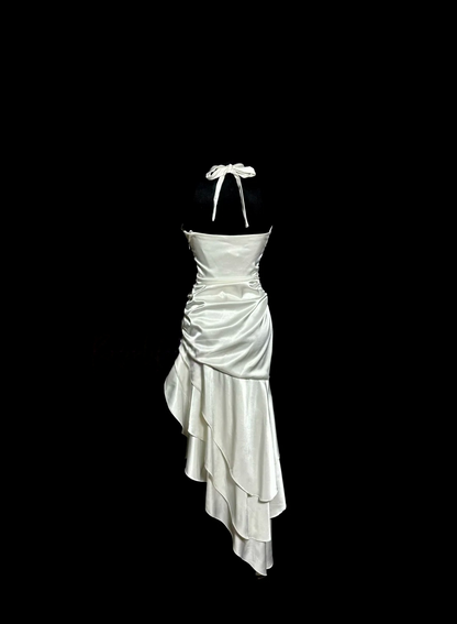 Halter Ivory Satin Prom Dress Ruffle Layered Formal Party Dress  P145