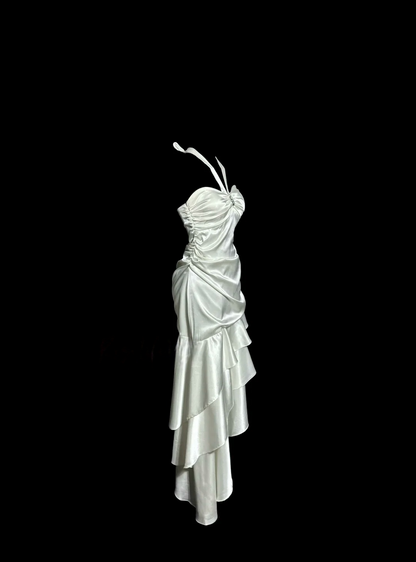 Halter Ivory Satin Prom Dress Ruffle Layered Formal Party Dress  P145