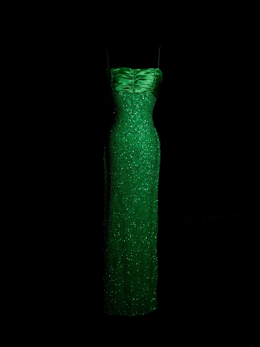 Green Sequin Satin Prom Dress Sheath Formal Party Dress Evening Dress  P147