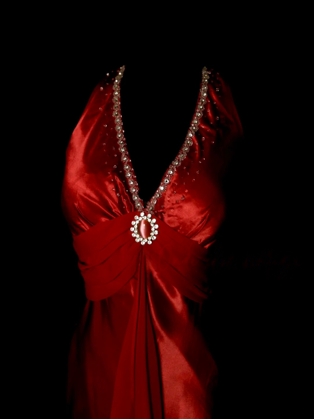 Halter Red Satin Prom Dress Beaded V Neck Formal Party Dress Evening Dress  P149