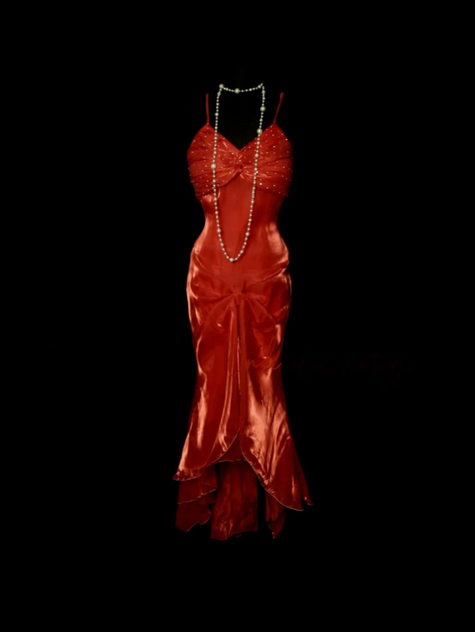 V Neck Red Mermaid Ruffle Prom Dress Formal Party Dress Evening Dress  P150