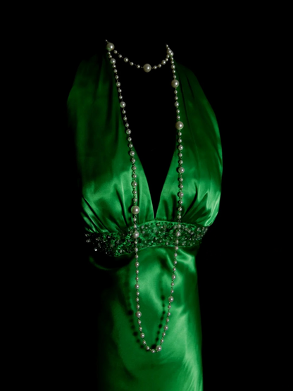 V Neck Green Backless Satin Prom Dress Beaded Party Dress Evening Dress  P155