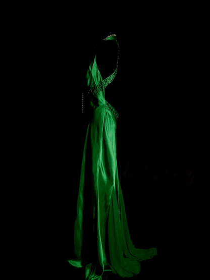 V Neck Green Backless Satin Prom Dress Beaded Party Dress Evening Dress  P155