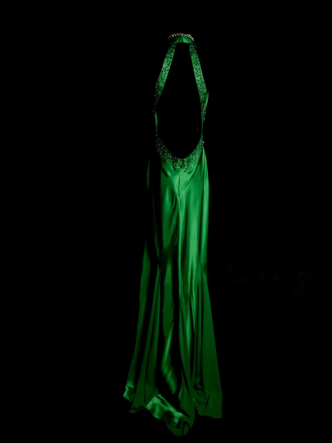V Neck Green Backless Satin Prom Dress Beaded Party Dress Evening Dress  P155