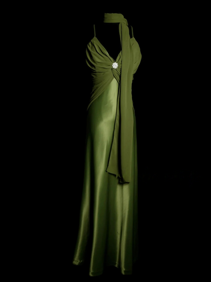 V Neck Green Sheath Satin Prom Dress Vintage Party Dress Evening Dress  P156