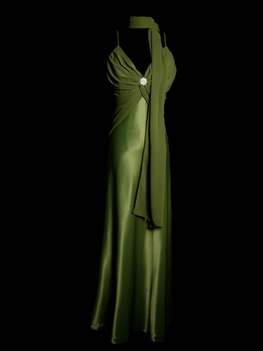 V Neck Green Sheath Satin Prom Dress Vintage Party Dress Evening Dress  P156