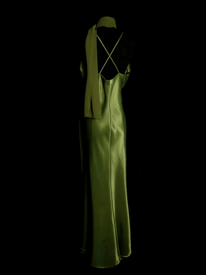 V Neck Green Sheath Satin Prom Dress Vintage Party Dress Evening Dress  P156