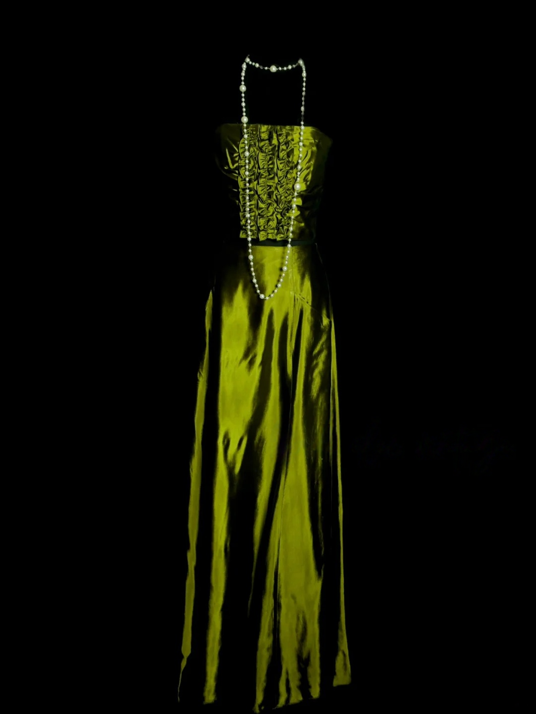 Strapless Green Satin Prom Dress Vintage Ruffle Party Dress Evening Dress  P157