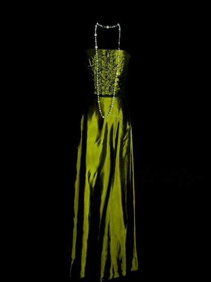 Strapless Green Satin Prom Dress Vintage Ruffle Party Dress Evening Dress  P157